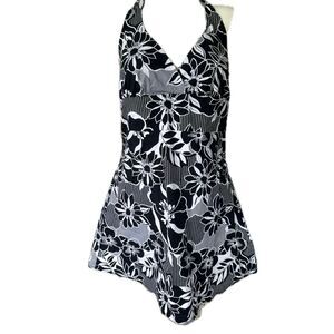 Her Clothes Hawaiian Aloha Tropical Floral Halter Self Tie Side Zip Mini Dress S